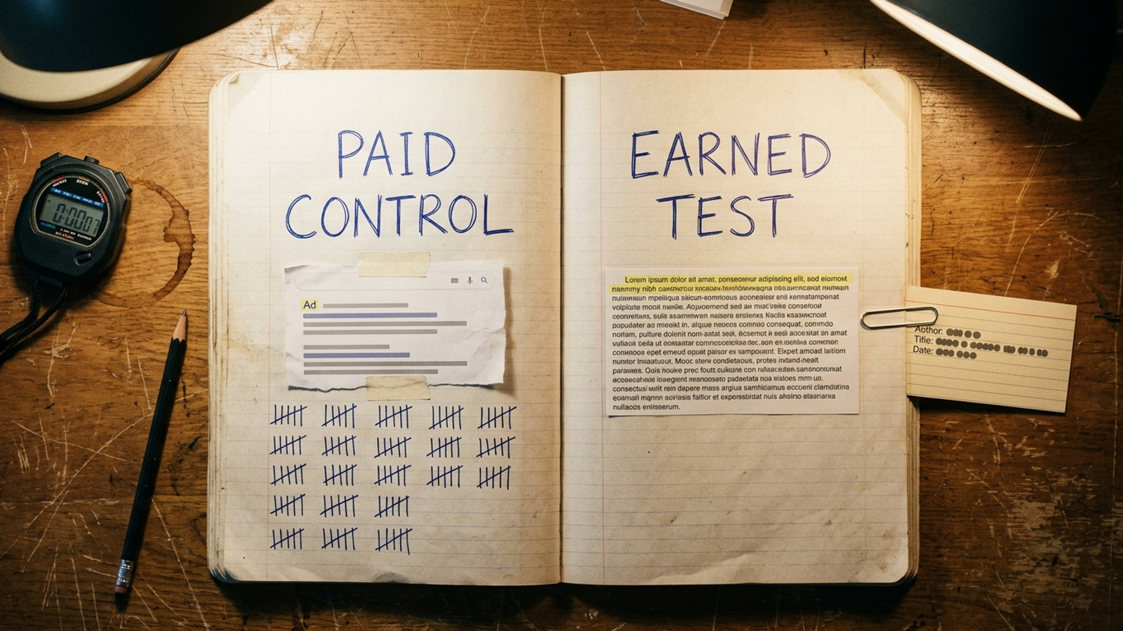 Notebook comparing the paid ad control with an earned citation test