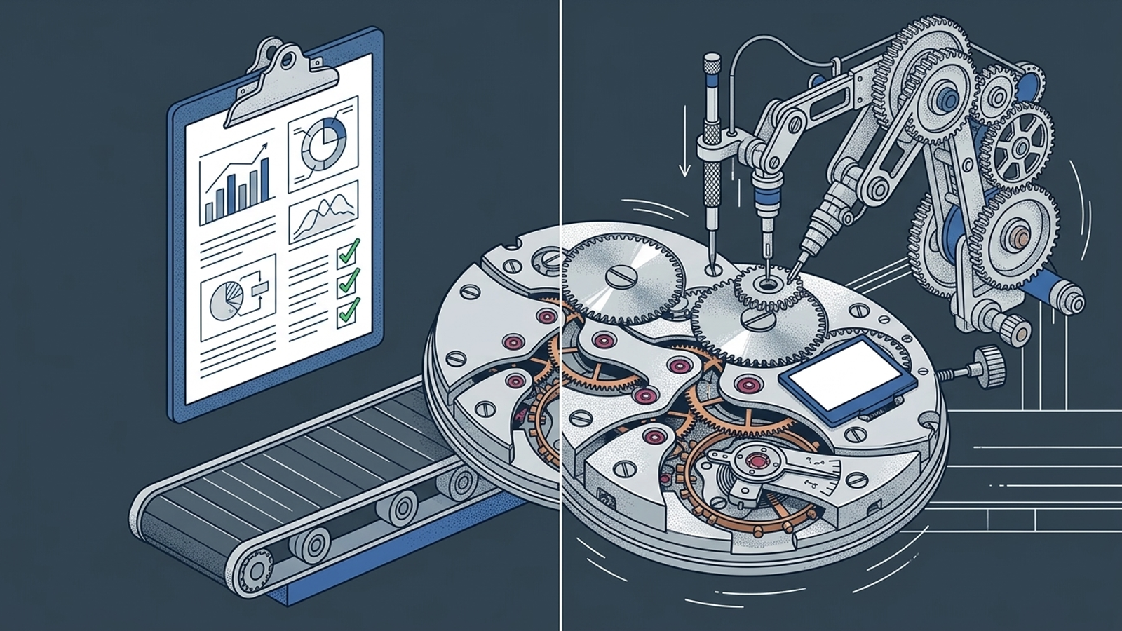 An inspection clipboard over an idle conveyor belt, contrasted with robotic machinery doing the work.