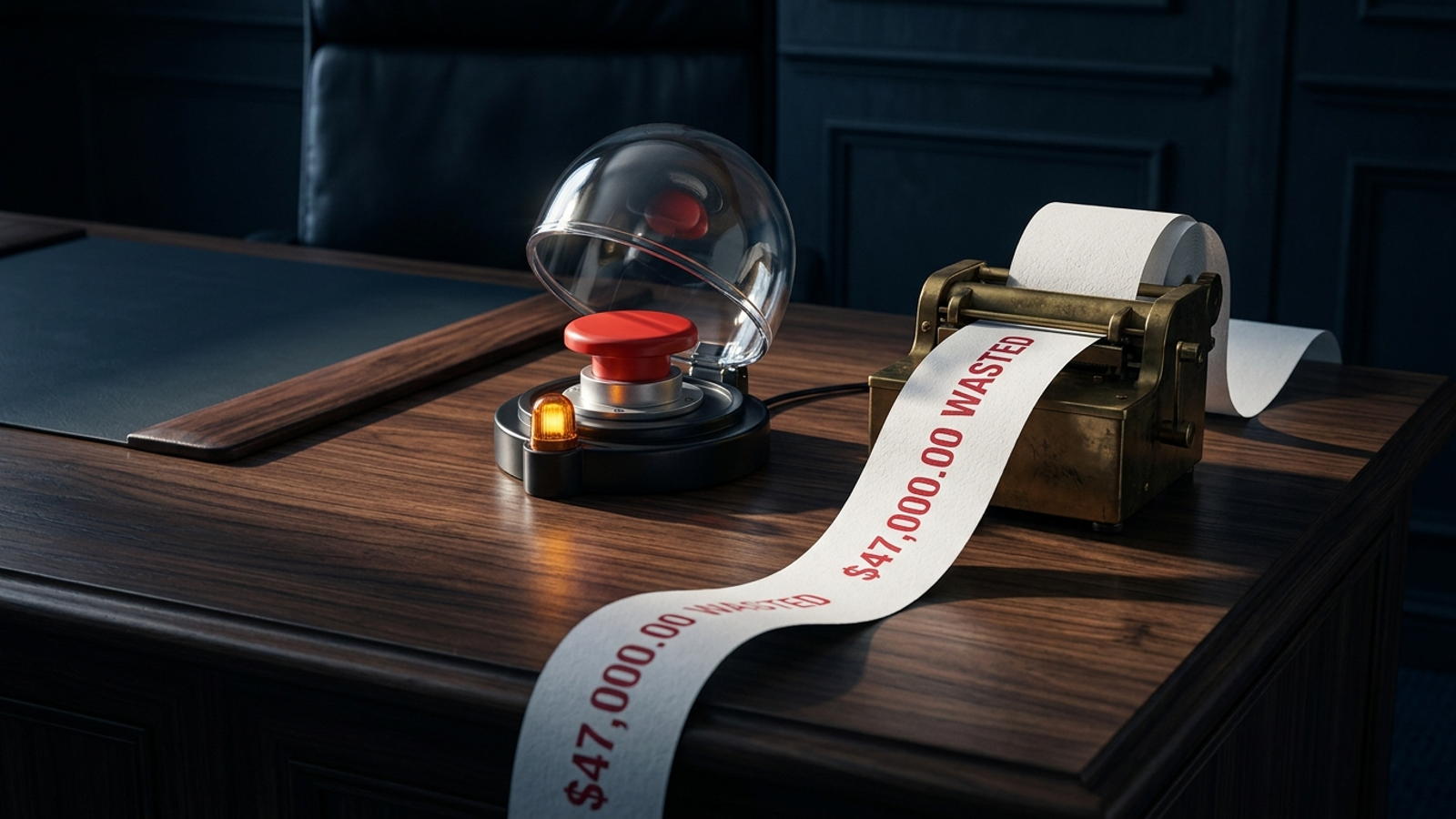 A retro executive desk with a red panic button and a receipt printer displaying $47,000 WASTED.