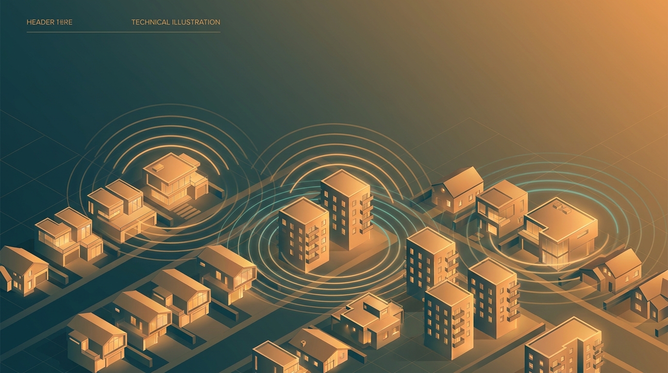 Aerial view of a modern city neighborhood at dusk with glowing search signal arcs connecting properties, symbolizing targeted real estate ad campaigns